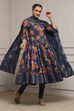 Navy Cotton Anarkali Printed Suit Set