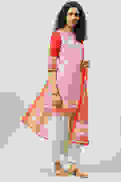 Red And White Cotton Straight Kurta Palazzo Suit Set image number 3