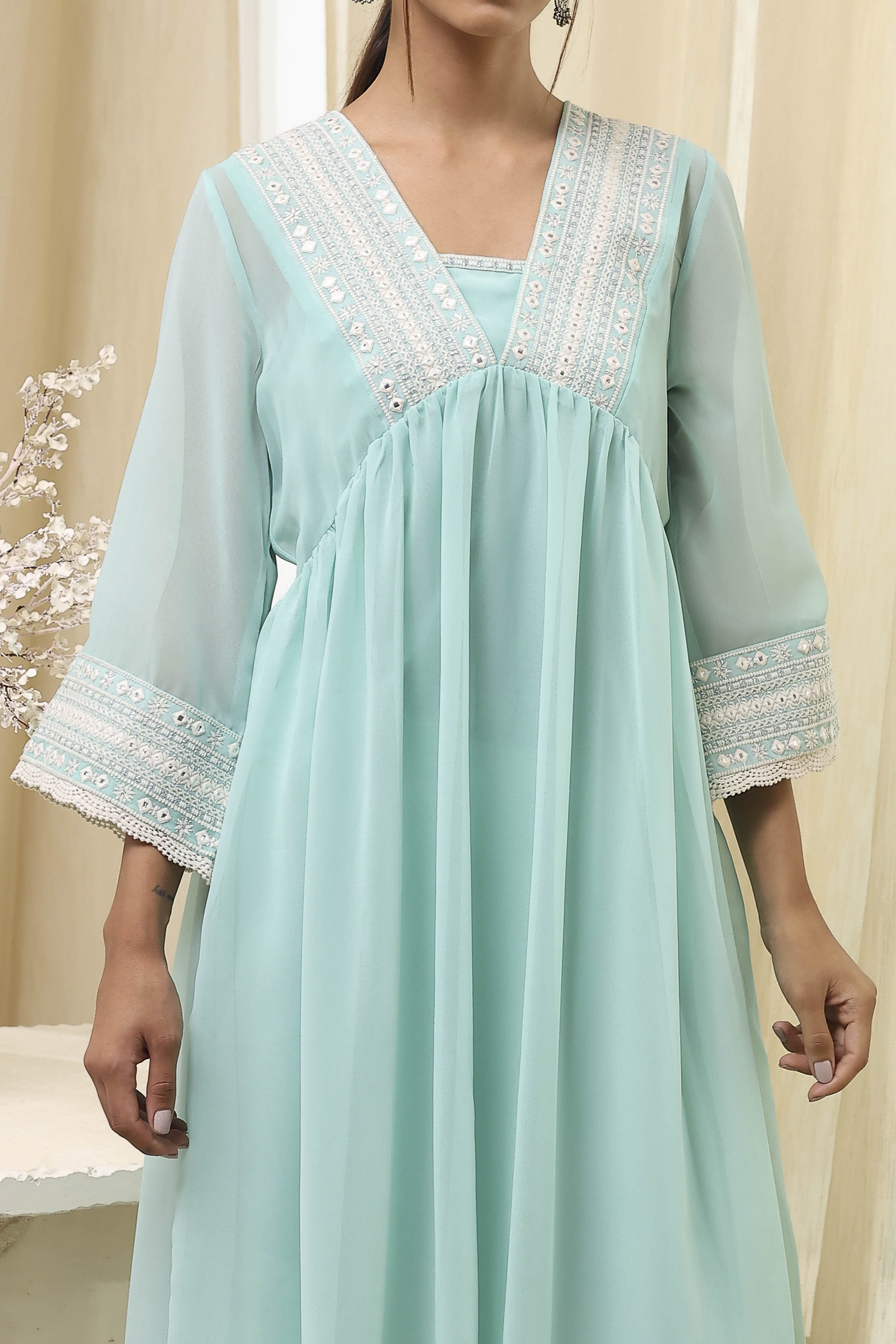 Aqua Embroidered Gathered Kurta image number 1