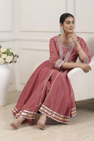 BIBA Dyed Polyester A-Line Festive Kurta With Inner And Palazzo in Pink