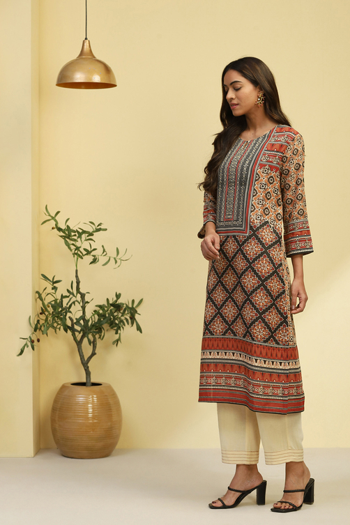 Brown Ethnic Motifs Printed Straight Kurta image number 2