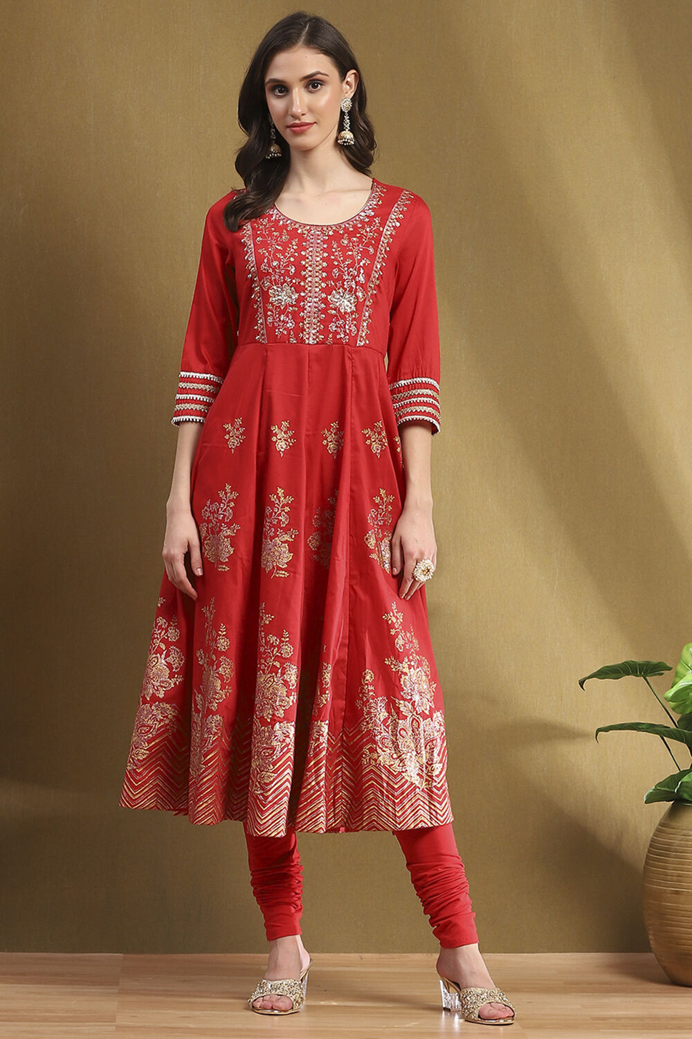 Red Floral Printed Festive Anarkali Suit Set image number 6
