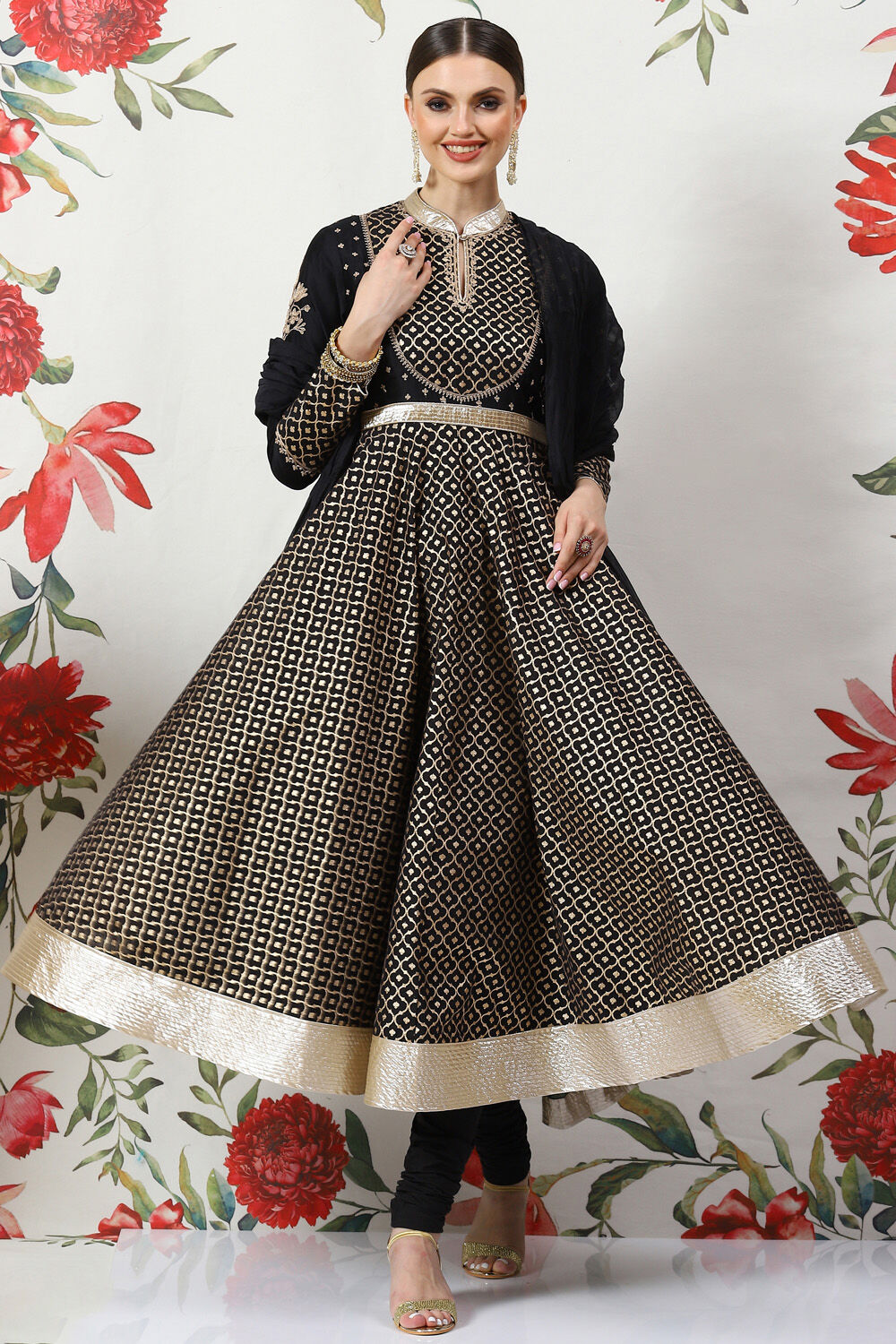 Black Cotton Silk Anarkali Yarndyed Suit Set image number 6