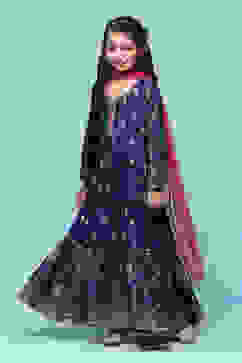 Navy Blue Viscose Tiered Kurta Printed Suit Set image number 4