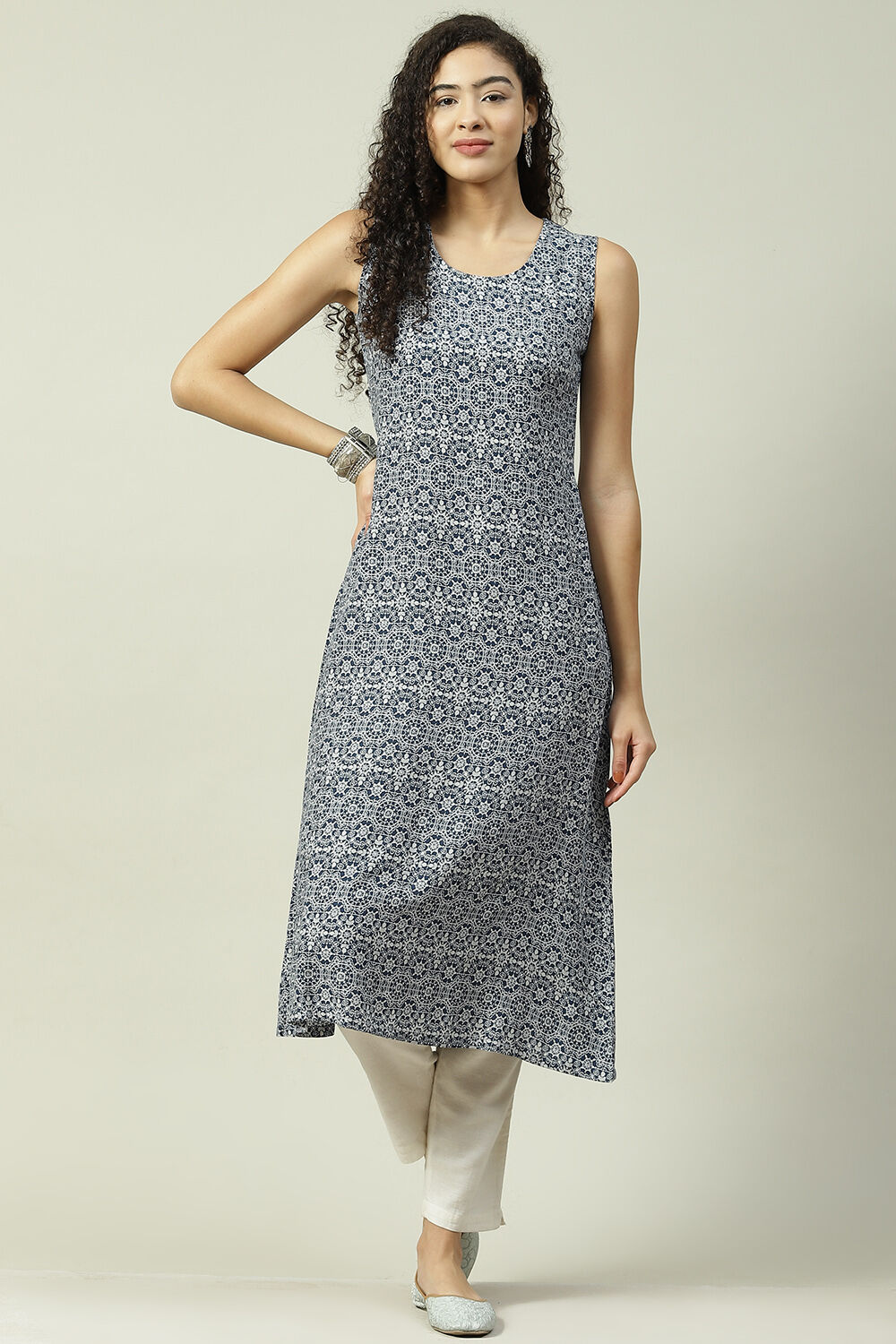 Navy LIVA A-Line Double Layered Printed Kurta image number 2