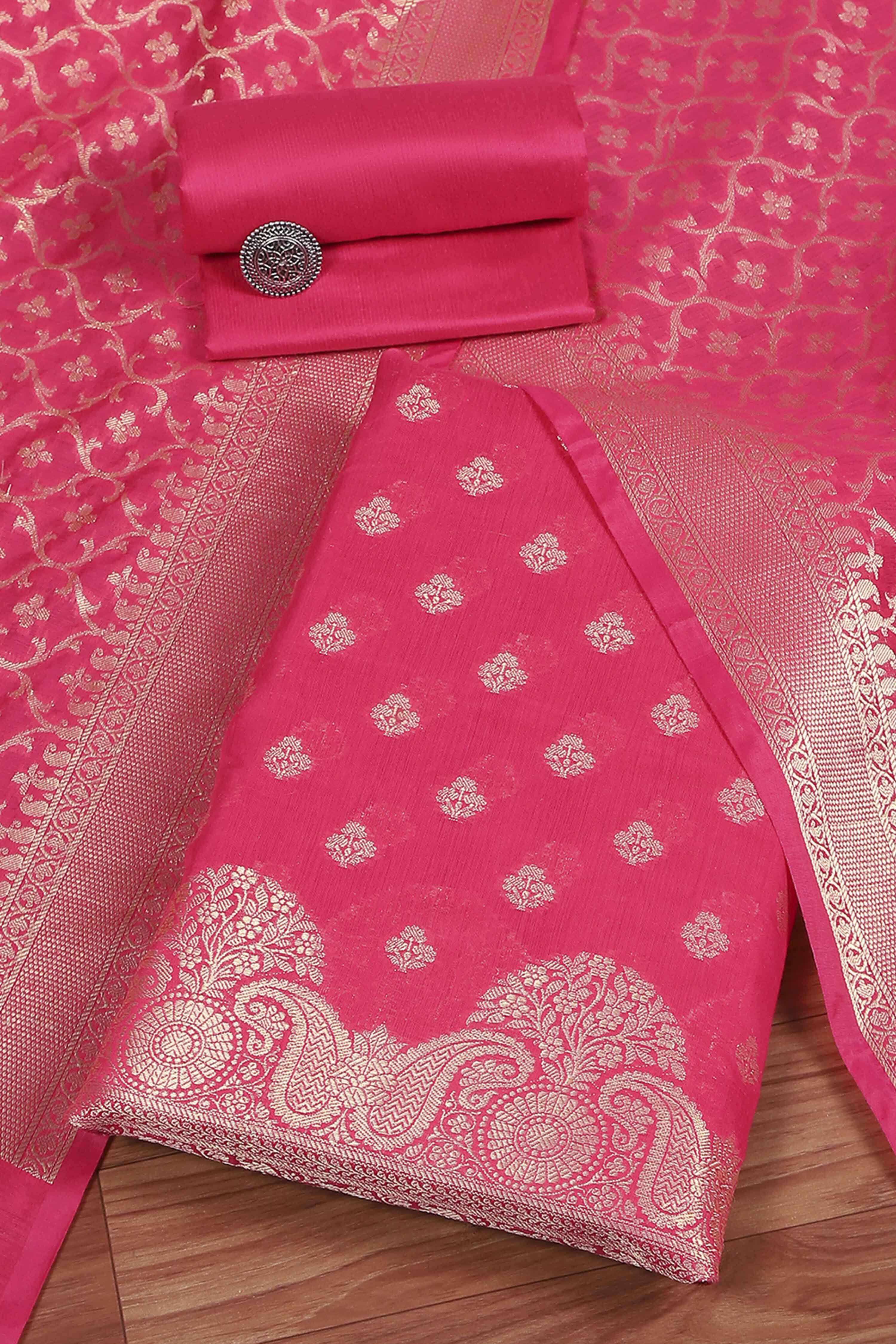 Pink Cotton Printed Embroidered Unstitched Suit Set image number 0