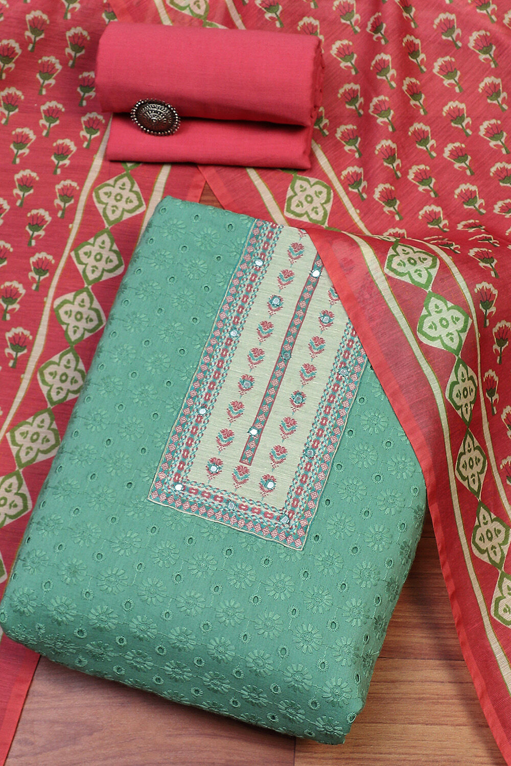 Aqua Cotton Handloom Unstitched Suit Set image number 0