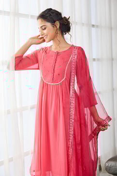 Pink Embroidered Gathered Kurta & Palazzo Suit Set image number 7
