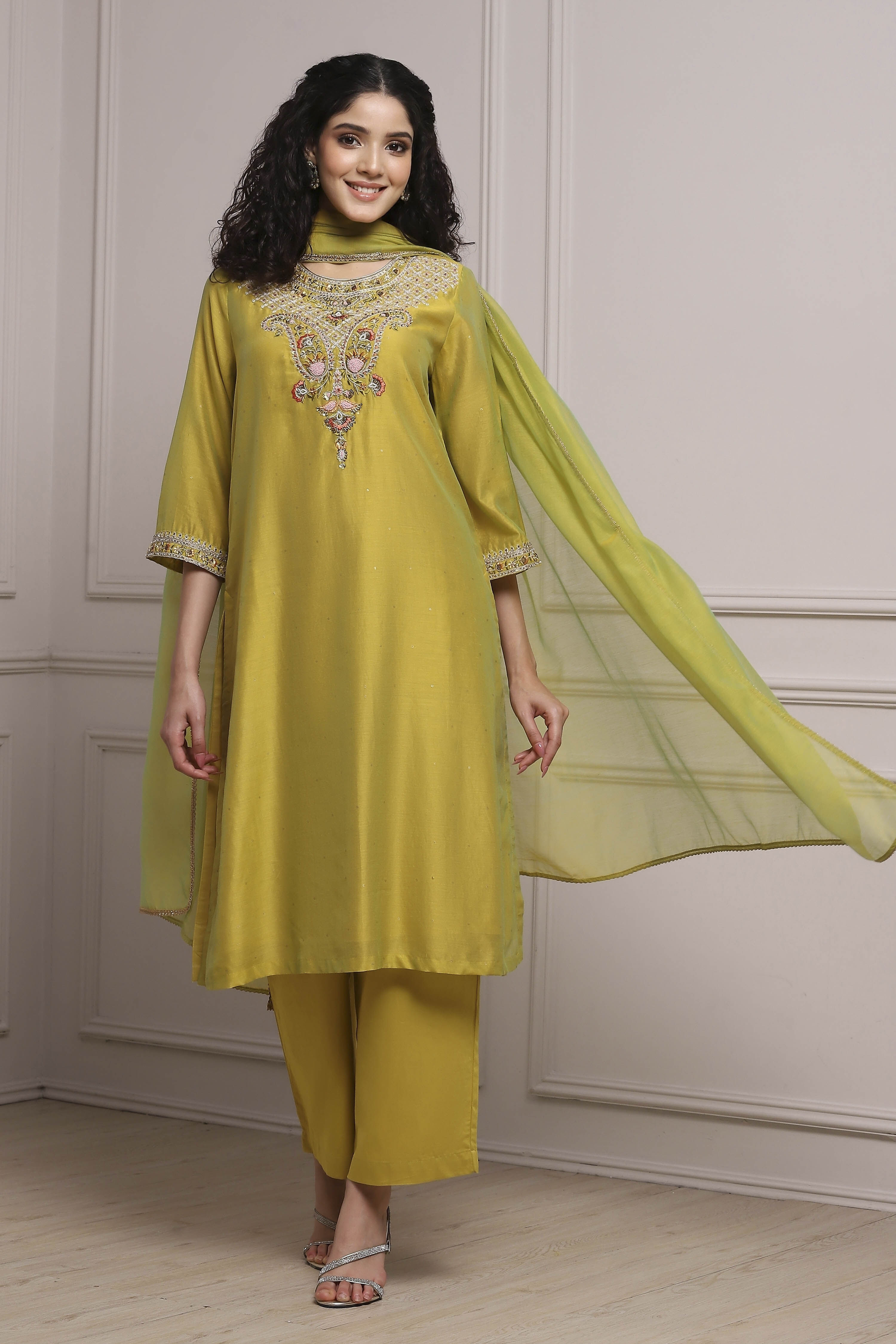 Lime Green Silk Chanderi Embroidered Dyed Straight Suit Set image number 6