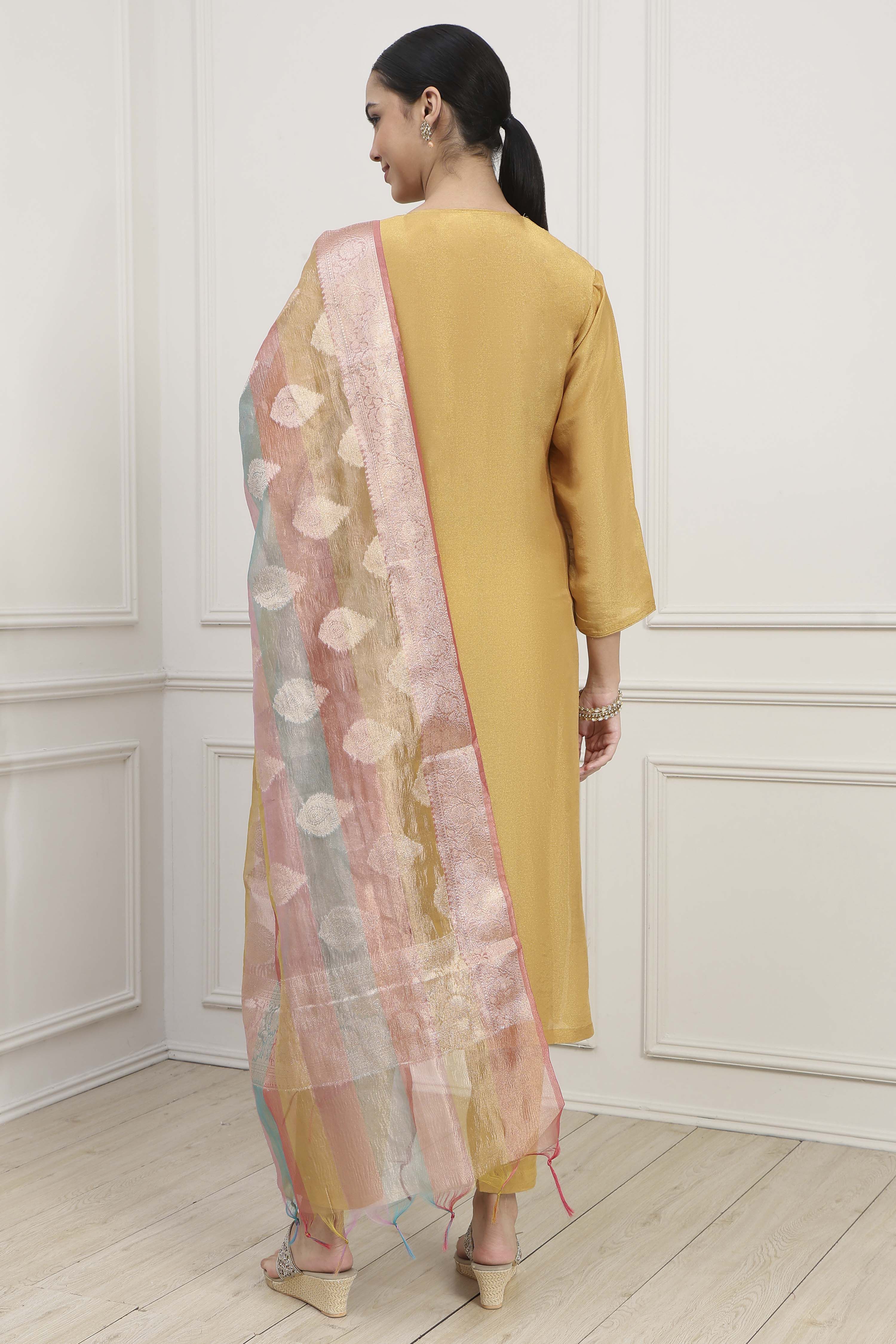 Mustard Silk Blend Machine Embroidered Unstitched Suit Set image number 5