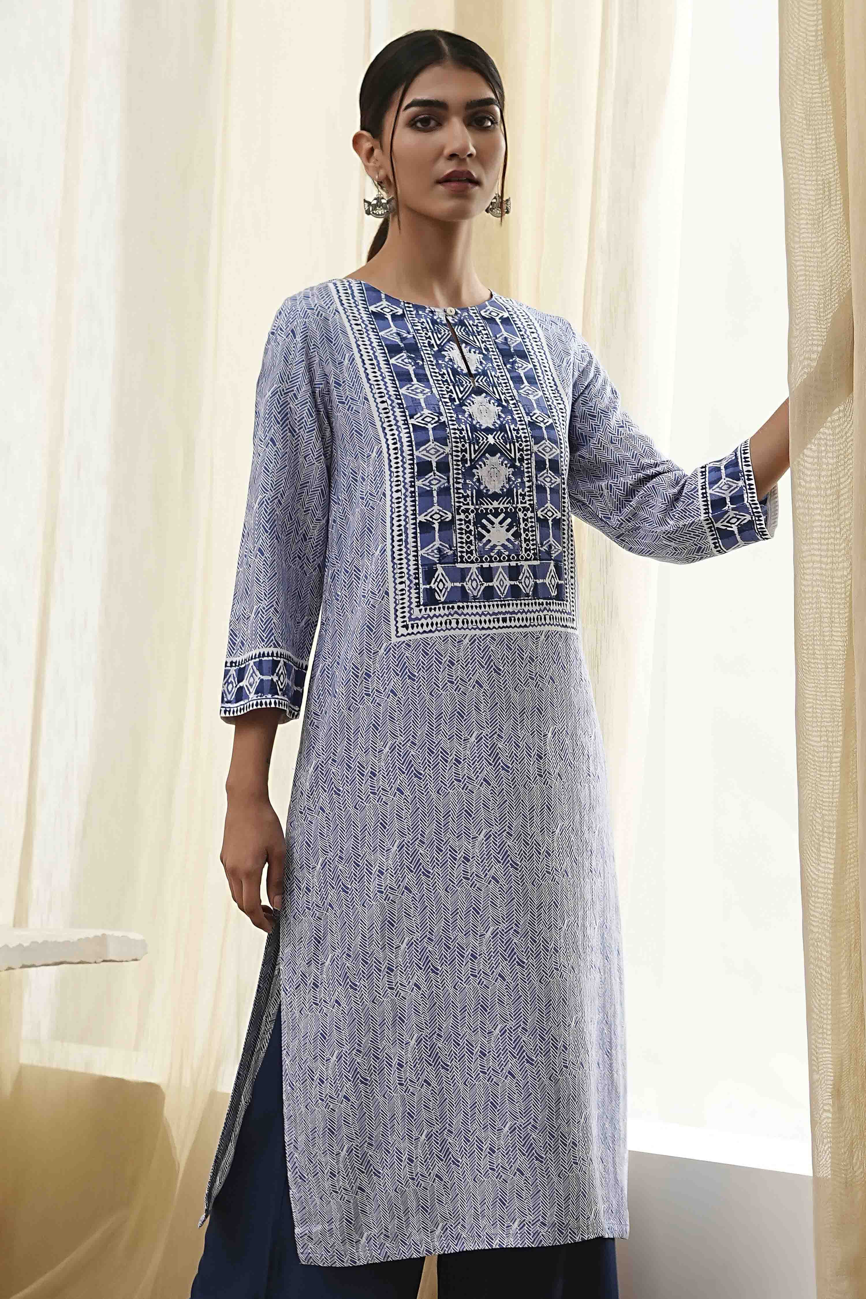 Beige Printed Straight Kurta image number 6