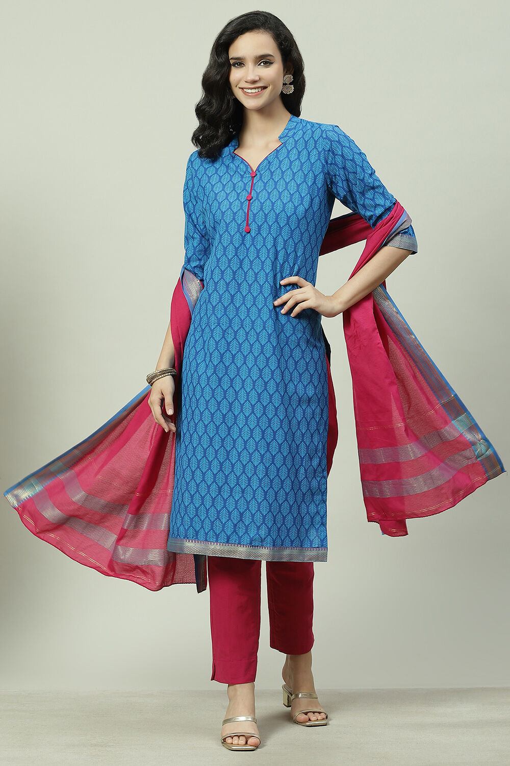 Blue Cotton Unstitched Suit Set image number 0