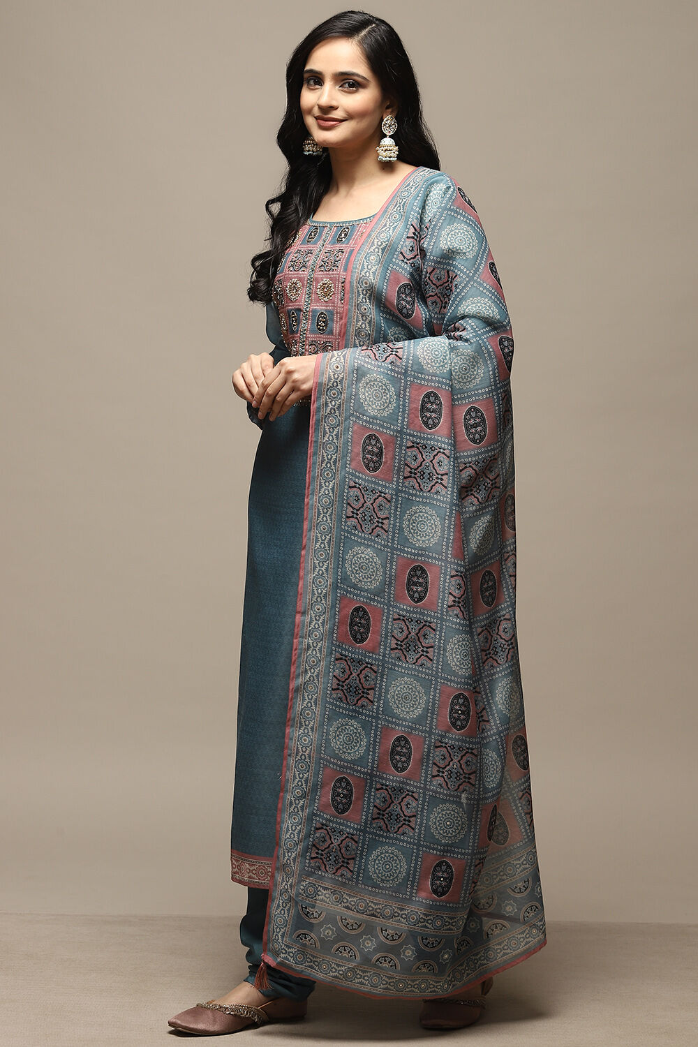 Peach Chanderi Machine Embroidered Unstitched Suit Set image number 4