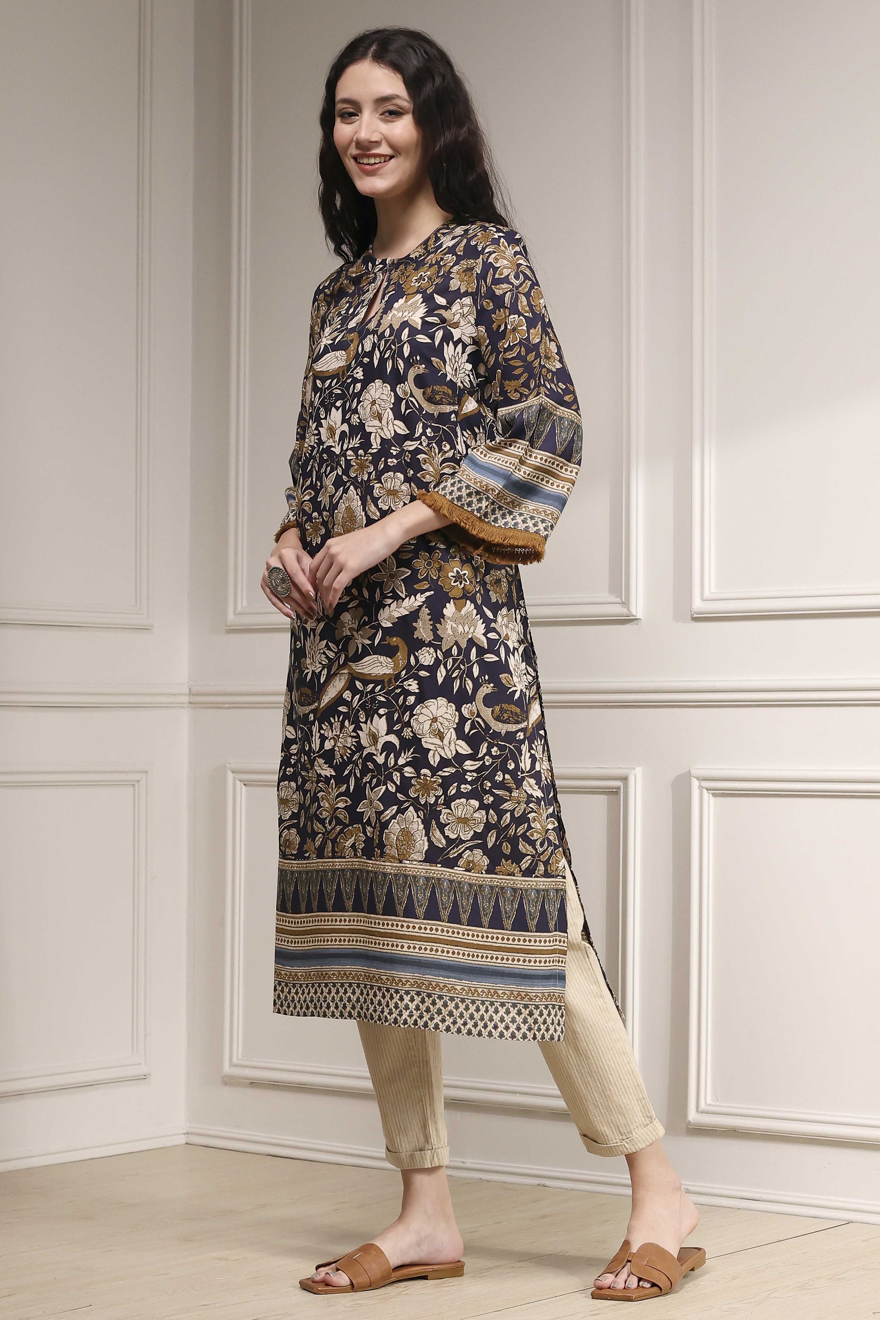 Navy Blue Printed Straight Kurta image number 2