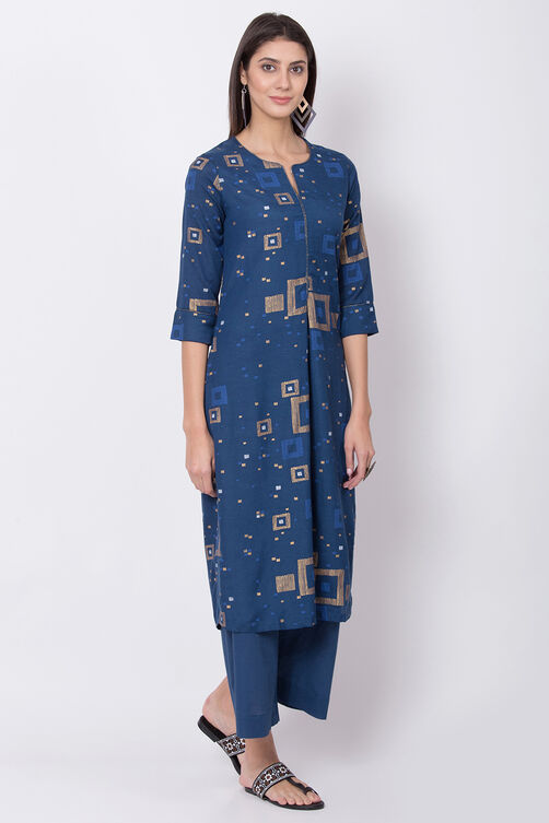Indigo Cotton Flax Straight Printed Kurta image number 3
