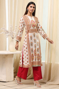 Off-White Printed Straight Kurta image number 4