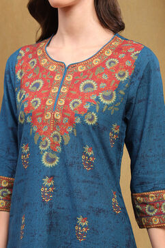 Navy Blue Cotton Printed Straight Kurta image number 2