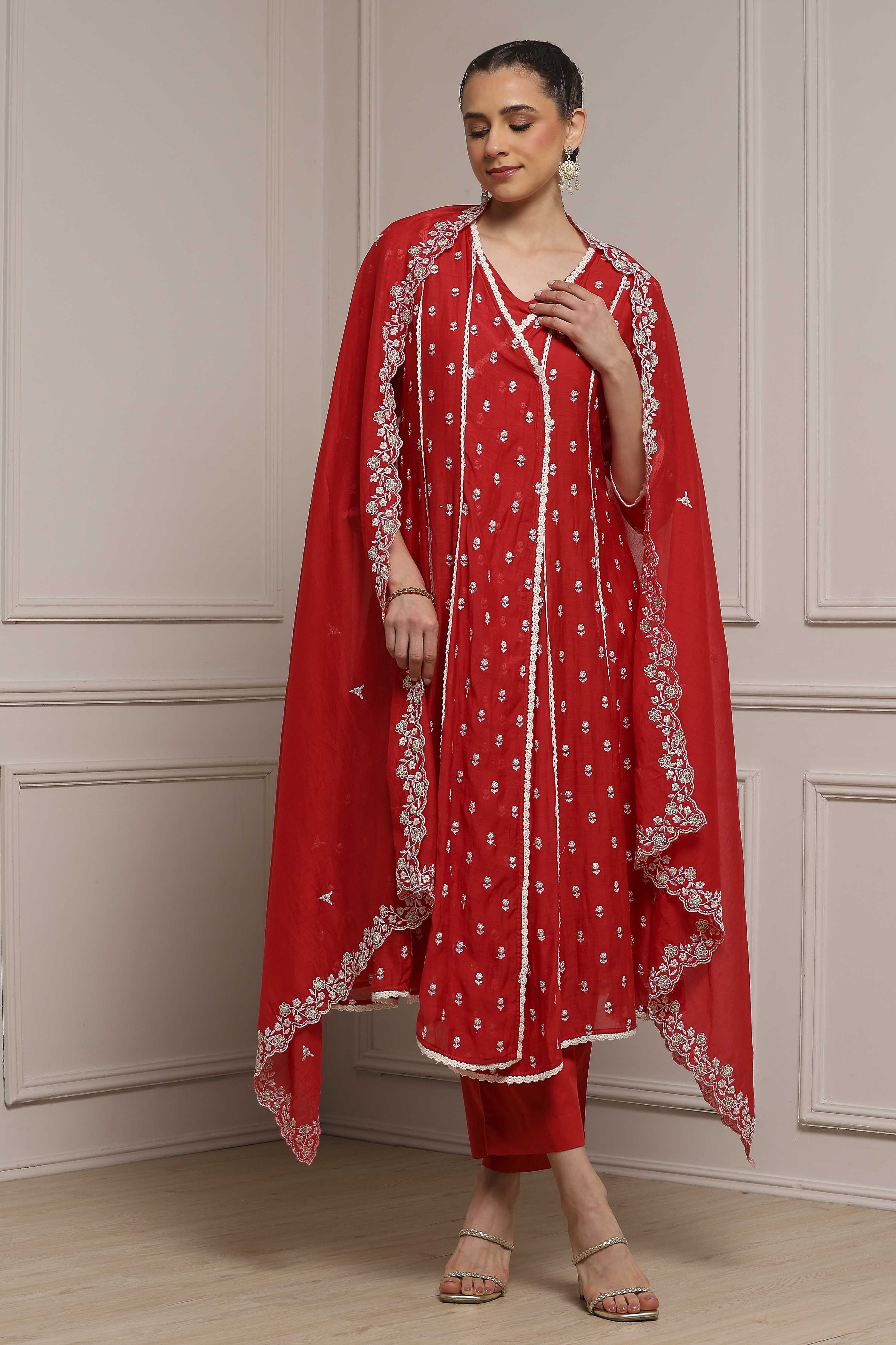 Red Chanderi Embroidered Kalidar Suit Set image number 0