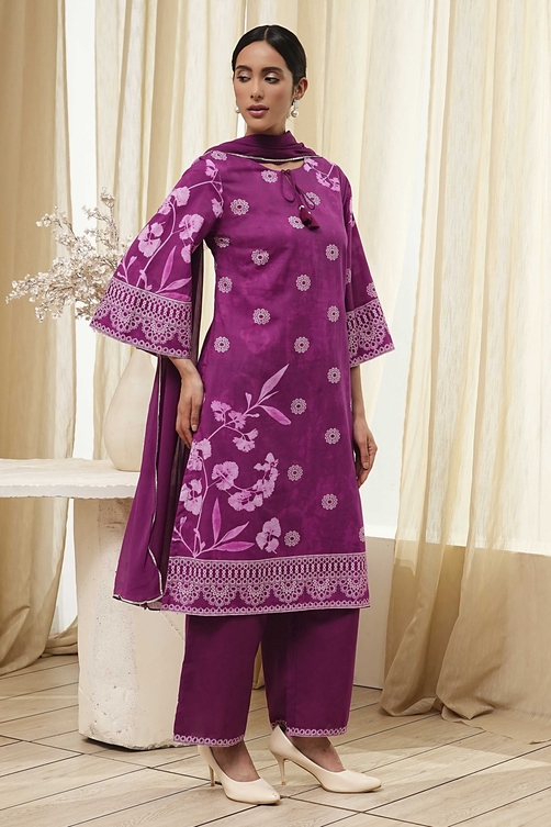 Berry Purple Cotton Straight Suit Set image number 5