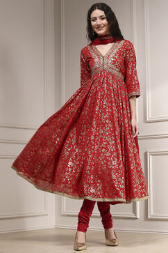 Red Cotton Anarkali Printed Suit Set image number 7
