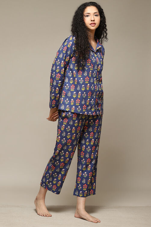 Navy Cotton Printed 2 Piece Sleepwear Set image number 5