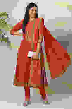 Red Art Silk Double Layered  Kurta Churidar Suit Set image number 6