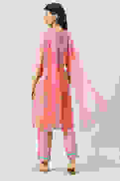 Blush Peach Yarndyed A-Line Kurta Regular Pants Suit Set image number 4