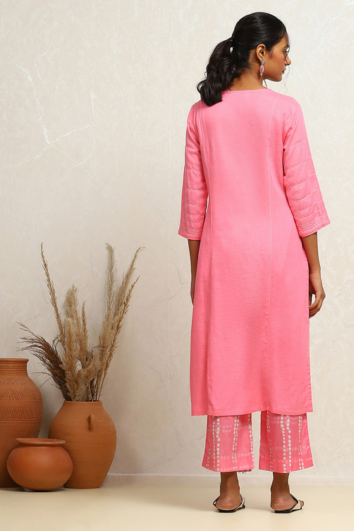 Pink Cotton Solid Straight Suit Set image number 4