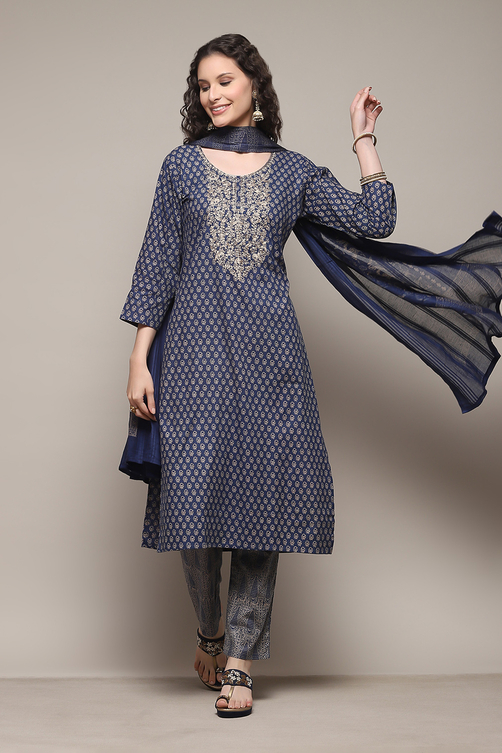 Blue Cotton Hand Embroidered Unstitched Suit Set image number 1