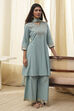 Dull Blue Cotton Embroidered Kalidar Suit Set image number 7