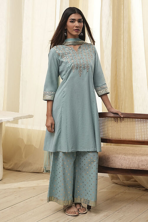 Dull Blue Cotton Embroidered Kalidar Suit Set image number 7