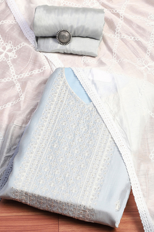 Grey Silk Blend Machine Embroidered Unstitched Suit Set image number 0