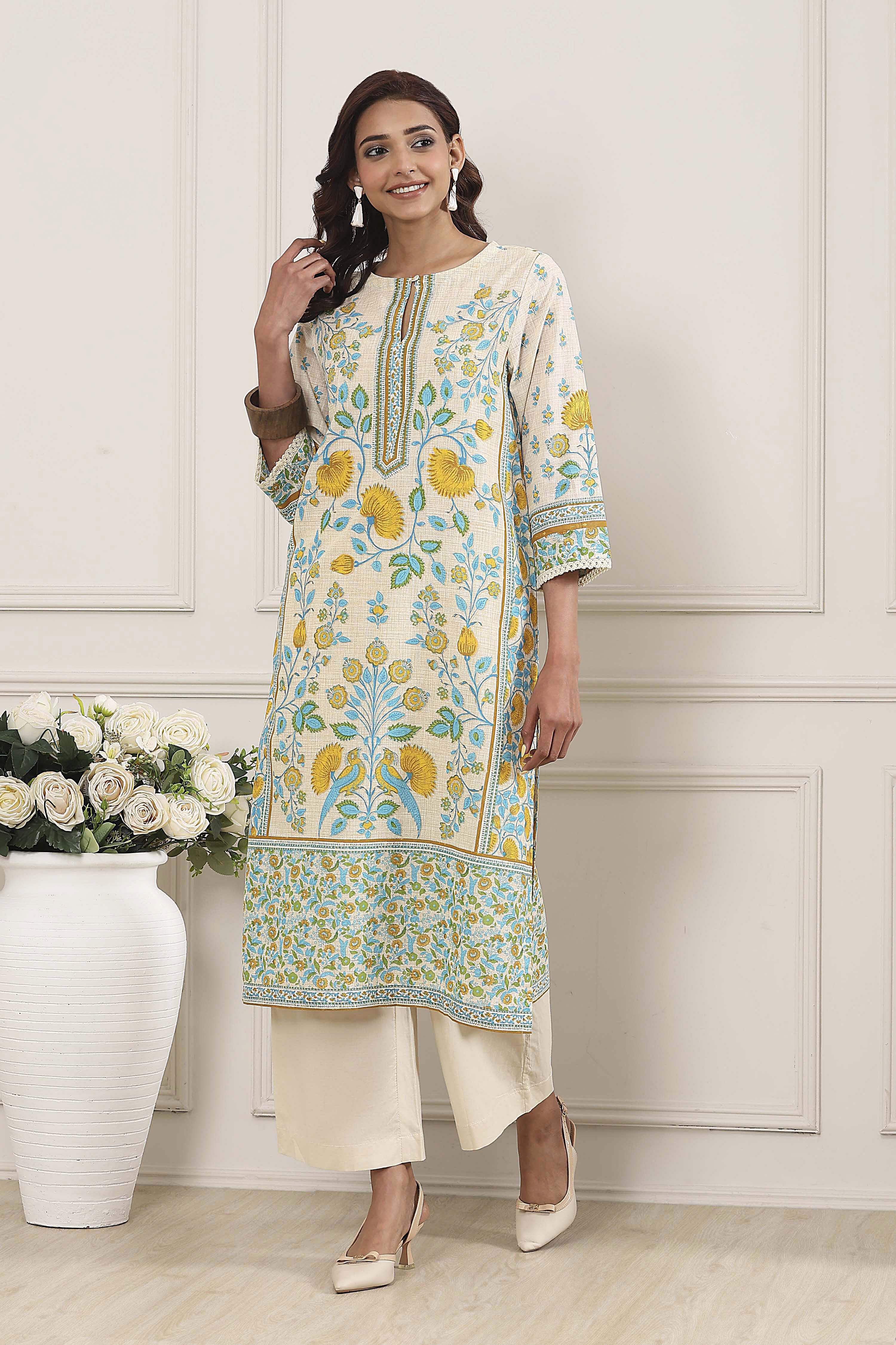 Off-White Cotton Printed Straight Kurta image number 0
