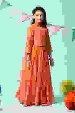 Orange Cotton Blend Short Top Lehenga Set image number 6