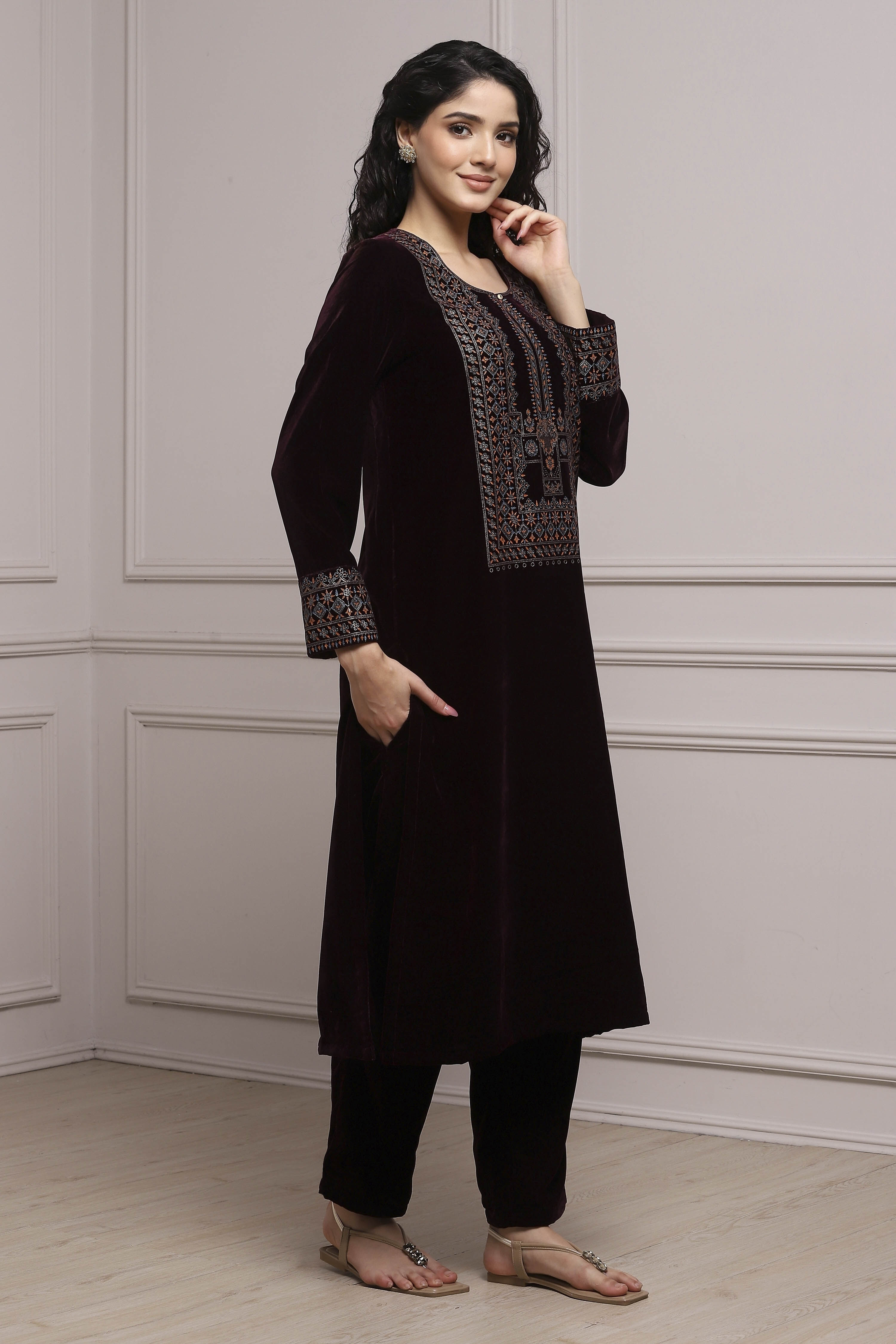 Wine Art Silk Straight Kurta Pants Set image number 4