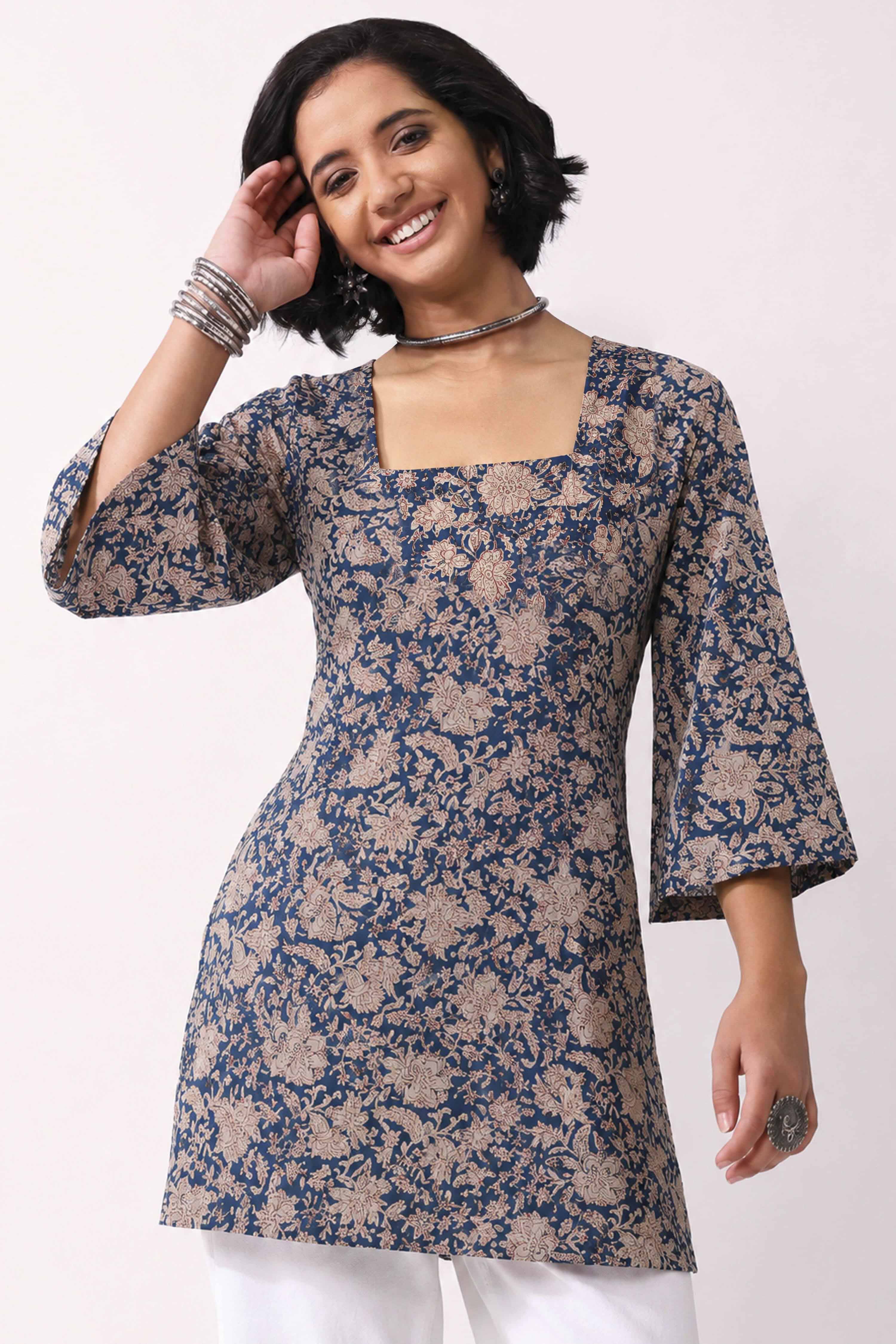 Blue Cotton A-Line Short Kurti image number 0