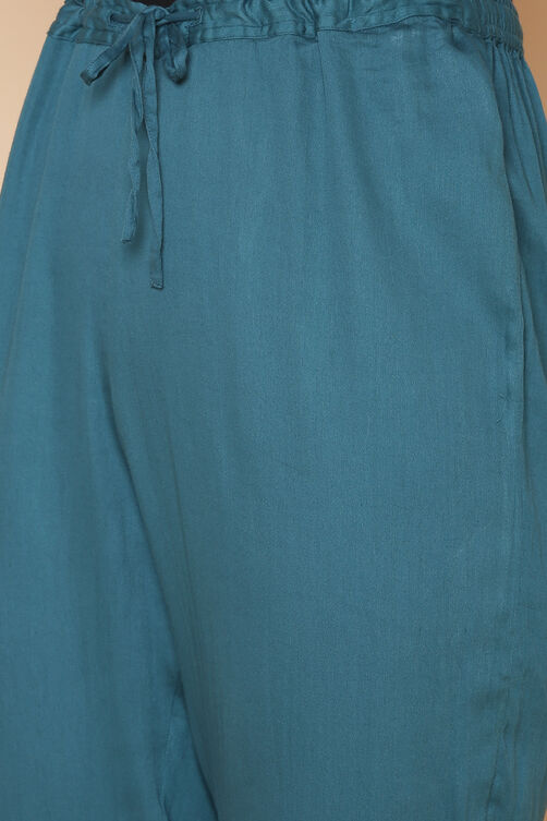 Teal Cotton Silk Straight Kurta Pant Suit Set image number 3