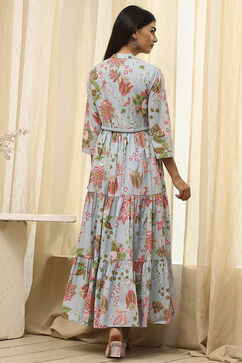 Light Blue Cotton Floral Tiered Dress image number 4