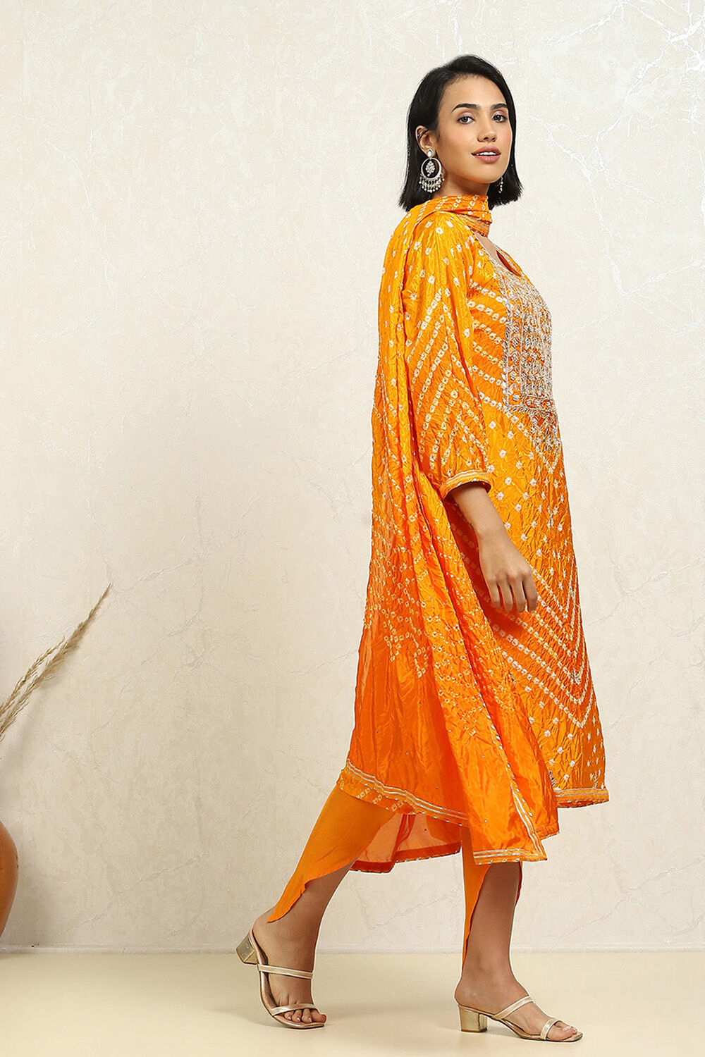 Orange Silk Blend Bandhej Crinkled Unstitched Suit Set image number 6