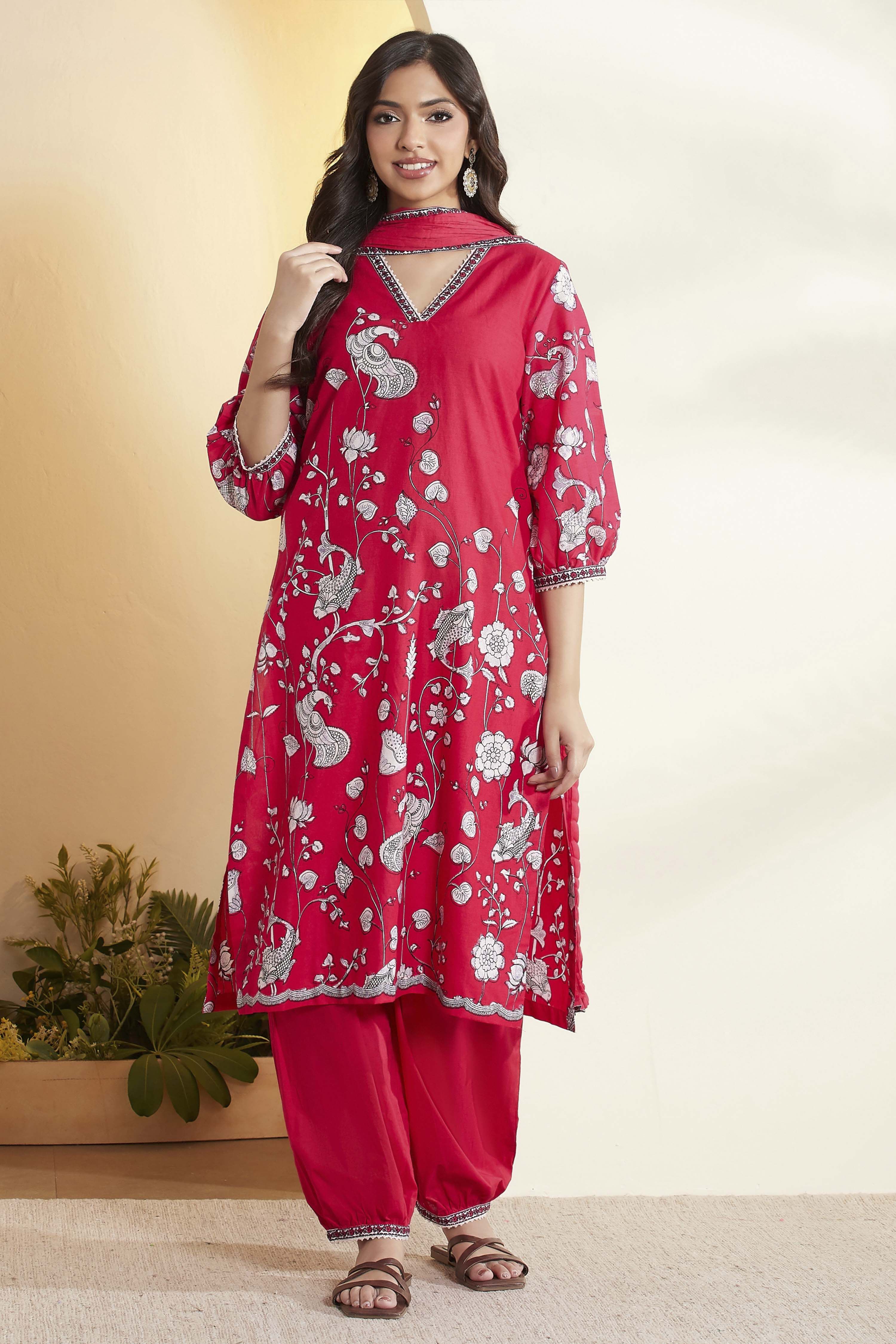 Fuchsia Cotton Floral Printed Straight Kurta Set image number 7