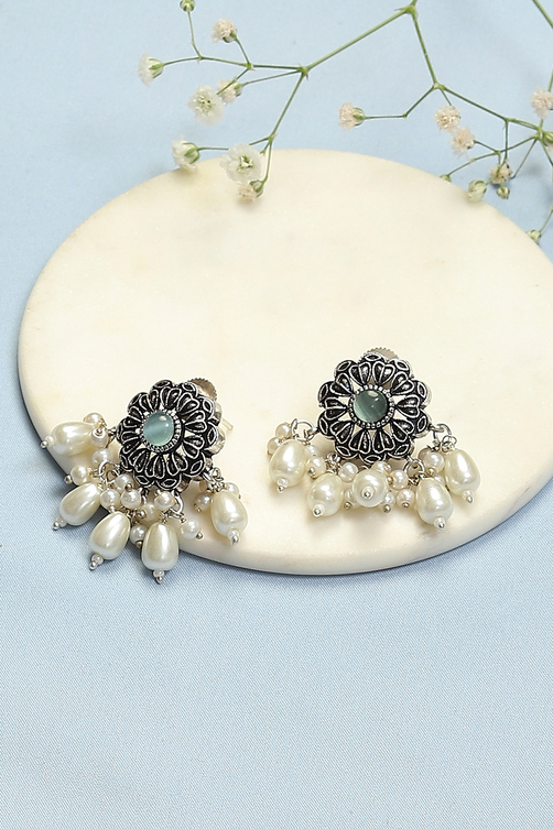 Oxidised Pearl Brass Earrings image number 0