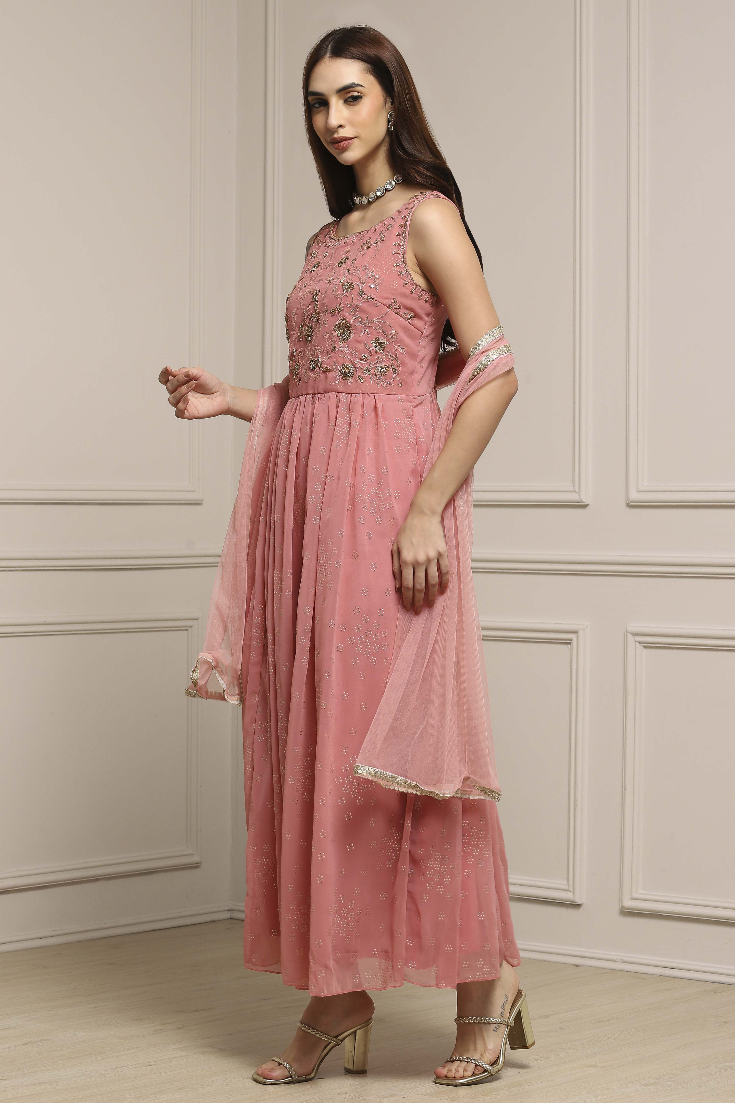 Blush Pink Polyester Flared Solid Dress image number 2