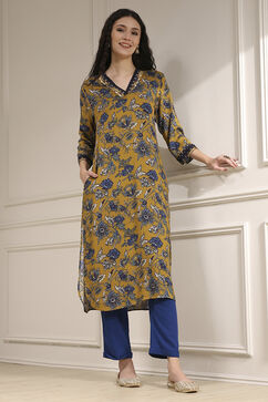 Mustard Yellow Printed Straight Kurta image number 0