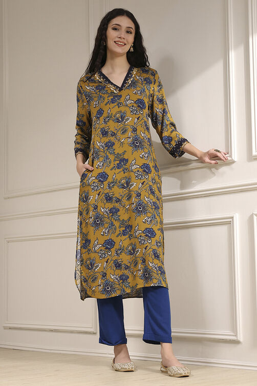 Mustard Yellow Printed Straight Kurta image number 0