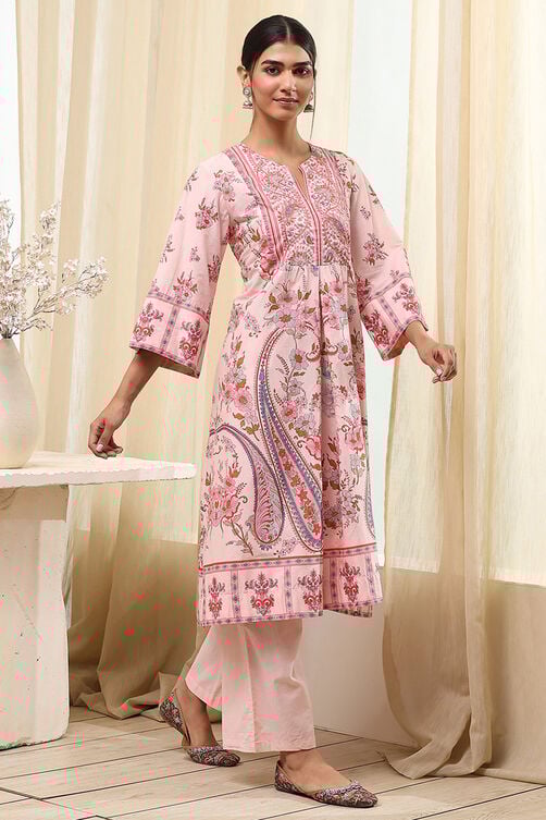 Peach-Colored Cotton Floral A-Line Kurta Set image number 0