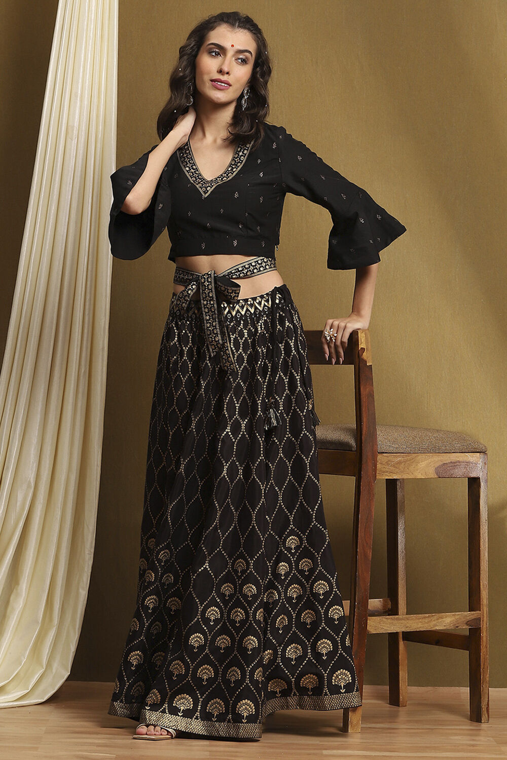 Black Hand-Block Printed Festive Crop Top image number 0