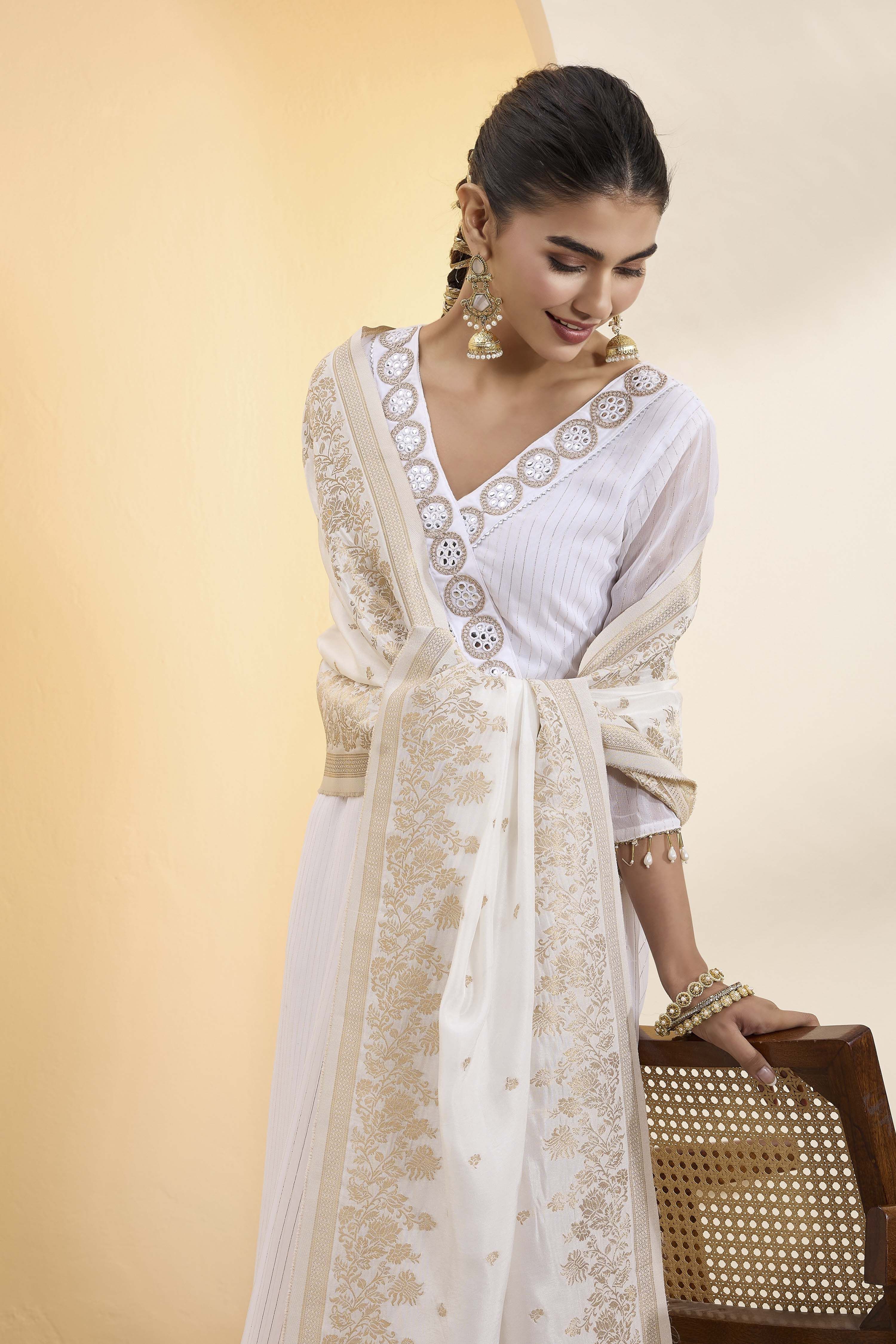 Off-White Poly Zari Printed Dupatta image number 1