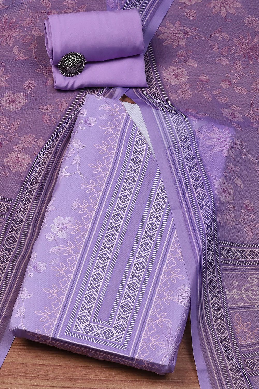 Lavendar Silk Blend Digital Print Unstitched Suit Set image number 0
