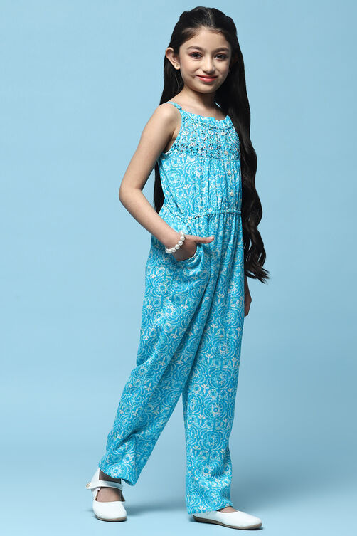 Aqua Printed Rayon Strappy Jumpsuit With Embroidered Yoke image number 4