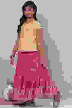 Lime Green And Pink Cotton Straight Kurta Skirt Suit Set image number 3